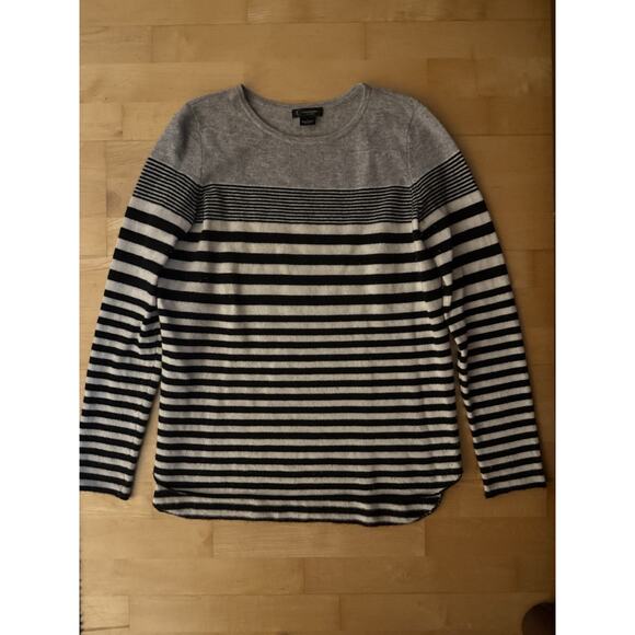 C by Bloomingdale 2Ply Cashmere Sweater Fit Grey Black Stripe Jumper Sweater L - Picture 1 of 2